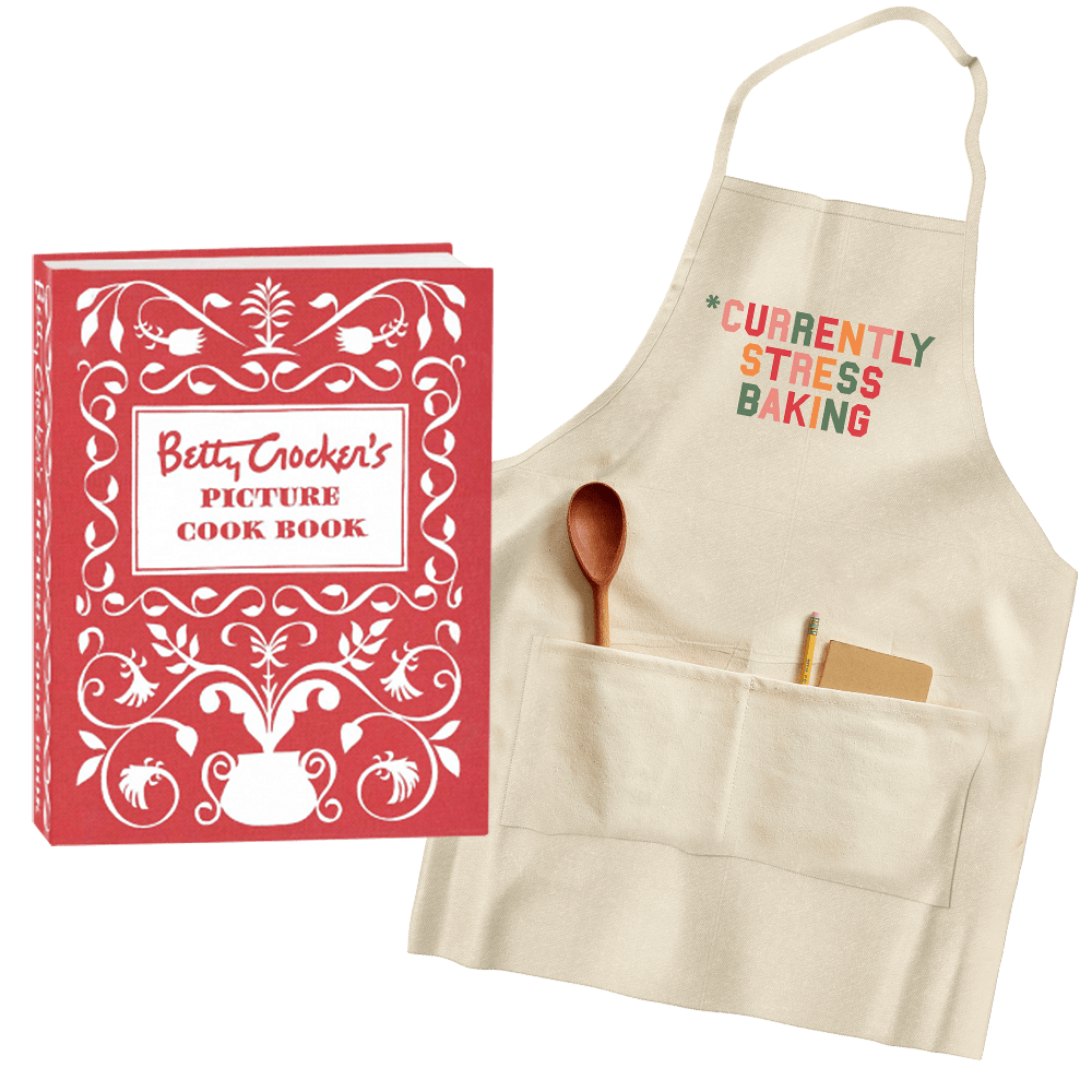 betty crocker picture cookbook and currently stress baking apron bundle