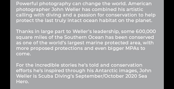Powerful photography can change the world. American photographer John Weller has combined his artistic calling with diving and a passion for conversation to help protect the last truly intact ocean habitat on the planet. Thanks in large part to Weller's leadership, some 600,000 square miles of the Southern Ocean has been conserved as one of the world's largest marine protected area, with more proposed protections and even bigger MPAs to come. For the incredible stories he's told and conservation efforts he's inspired through his Antarctic images, John Weller is Scuba Diving's September/October 2020 Sea Hero.
